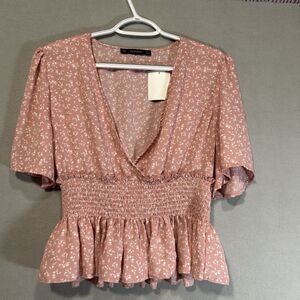 Floral Ditsy Fold‎ over Top Size M Pink White Smocked Waist Cottage Core Prairie